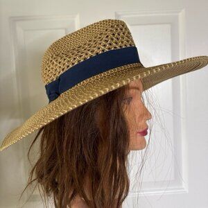 Betmar Straw Sun Hat Wide Brim Blue Ribbon Strap One Size NWOT